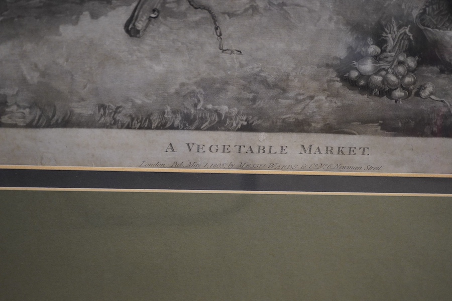 After James Ward RA (1769-1859), engraved by William Ward - ‘A Vegetable Market’, a copper plate engraving, together with Arthur Weaver - ‘Safely on’, a coloured golfing print, signed in pencil, largest 48 x 62cm. Condit